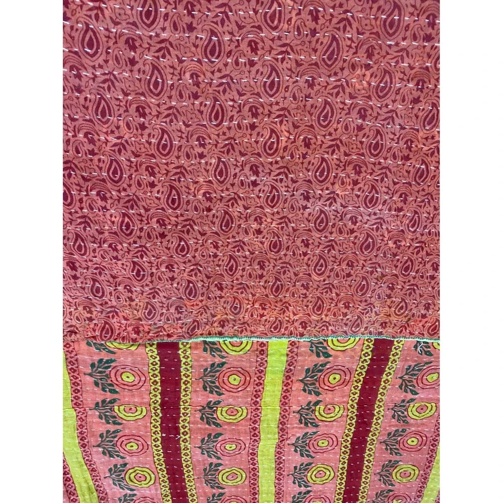 Handstitched Kantha Quilt Reversible Cotton Throw Peacock Paisley Burgundy Red